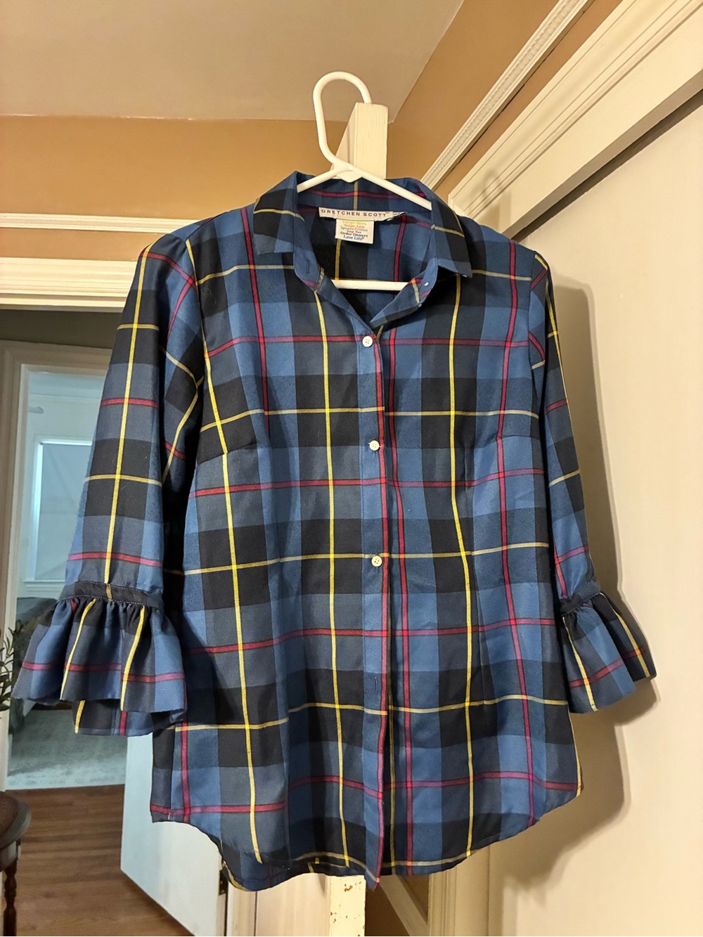Gretchen Scott Designs Blue Plaid Button-Up Blouse with Ruffle Sleeves